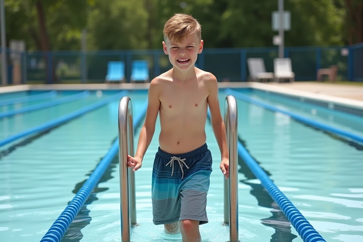 Adolescent hésitant à entrer dans une piscine publique non chauffée en début d'été