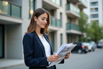 Agent immobilier femme analysant les prix au mètre carré devant un immeuble résidentiel moderne