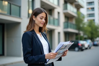 Agent immobilier femme analysant les prix au mètre carré devant un immeuble résidentiel moderne