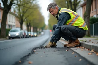 Agent municipal de voirie inspectant une route fissurée dans une commune française