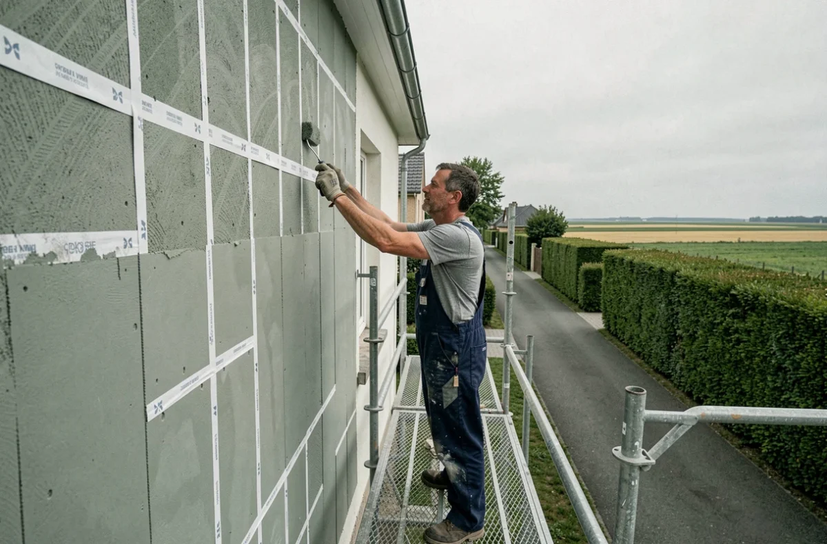 Ouvrier d'Aigles Renovation appliquant un enduit de rénovation de façade sur une maison dans le Nord