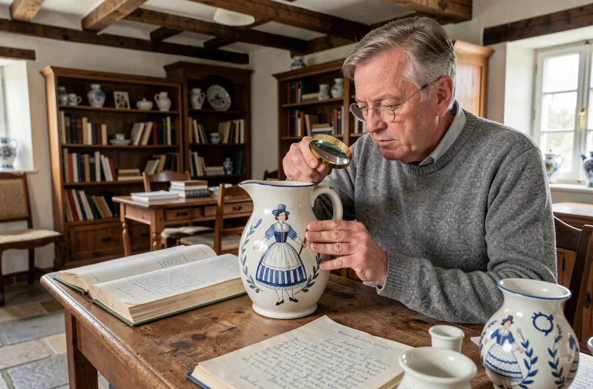 Antiquaire breton examinant à la loupe le cachet d'une faïence Henriot Quimper pour en vérifier l'authenticité