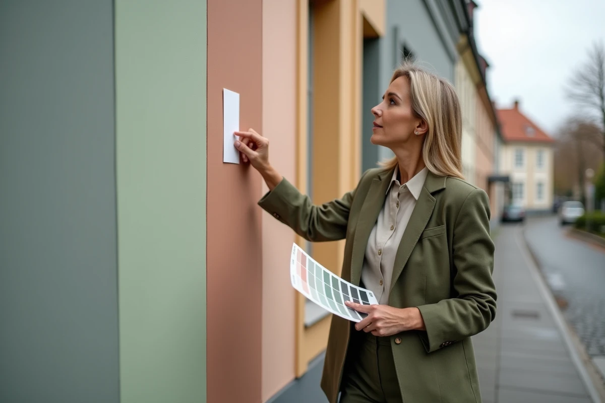 Architecte comparant des échantillons de couleurs tendance pour façade extérieure en 2026, dont sauge, ocre et beige, face à un mur peint