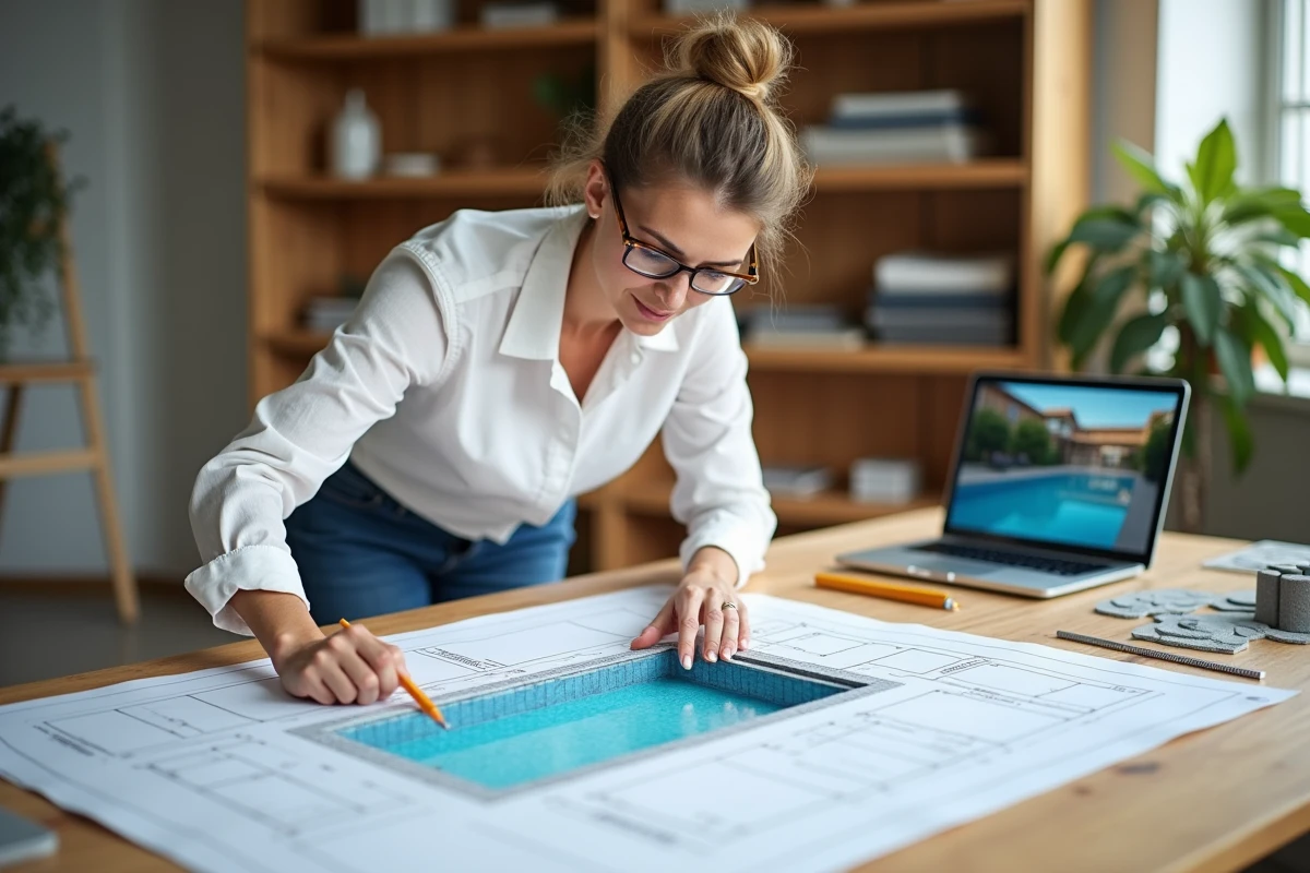 Architecte présentant les dimensions d'une piscine de 10m2 sur un plan technique en bureau d'études