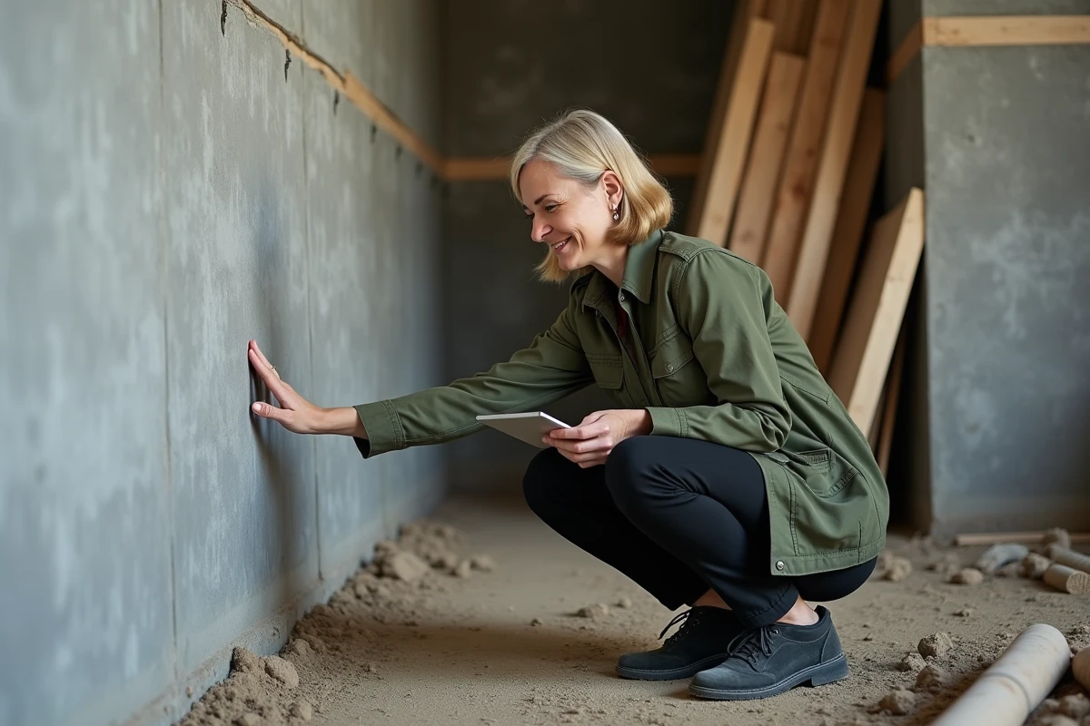 Architecte inspectant les murs en béton brut d'un sous-sol en construction lors d'une visite de chantier