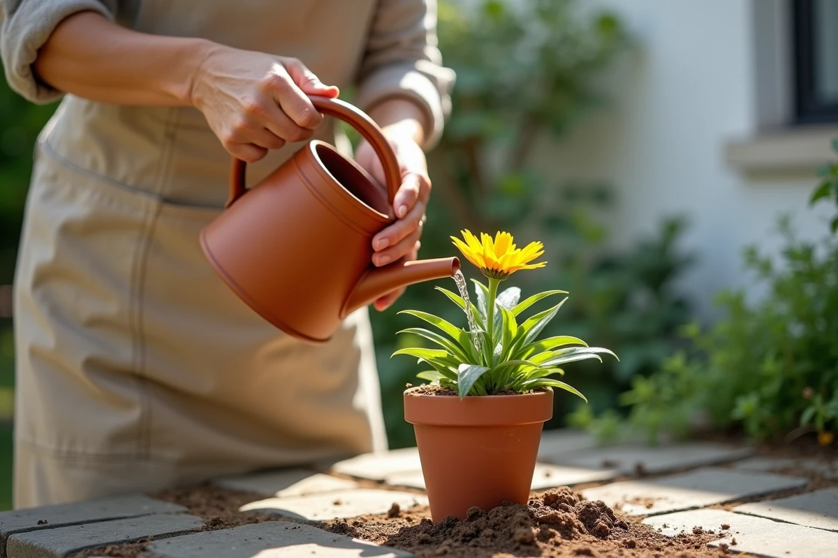 Jardinière arrosant un gazania en pot avec un arrosoir en terre cuite sur une terrasse ensoleillée