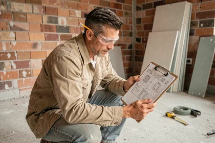 Artisan en train d'étudier un planning de chantier sur un chantier de rénovation avec murs en briques apparentes