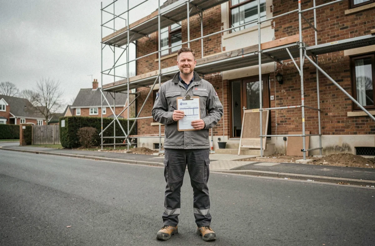 Artisan professionnel présentant un devis devant un chantier de rénovation de façade résidentielle