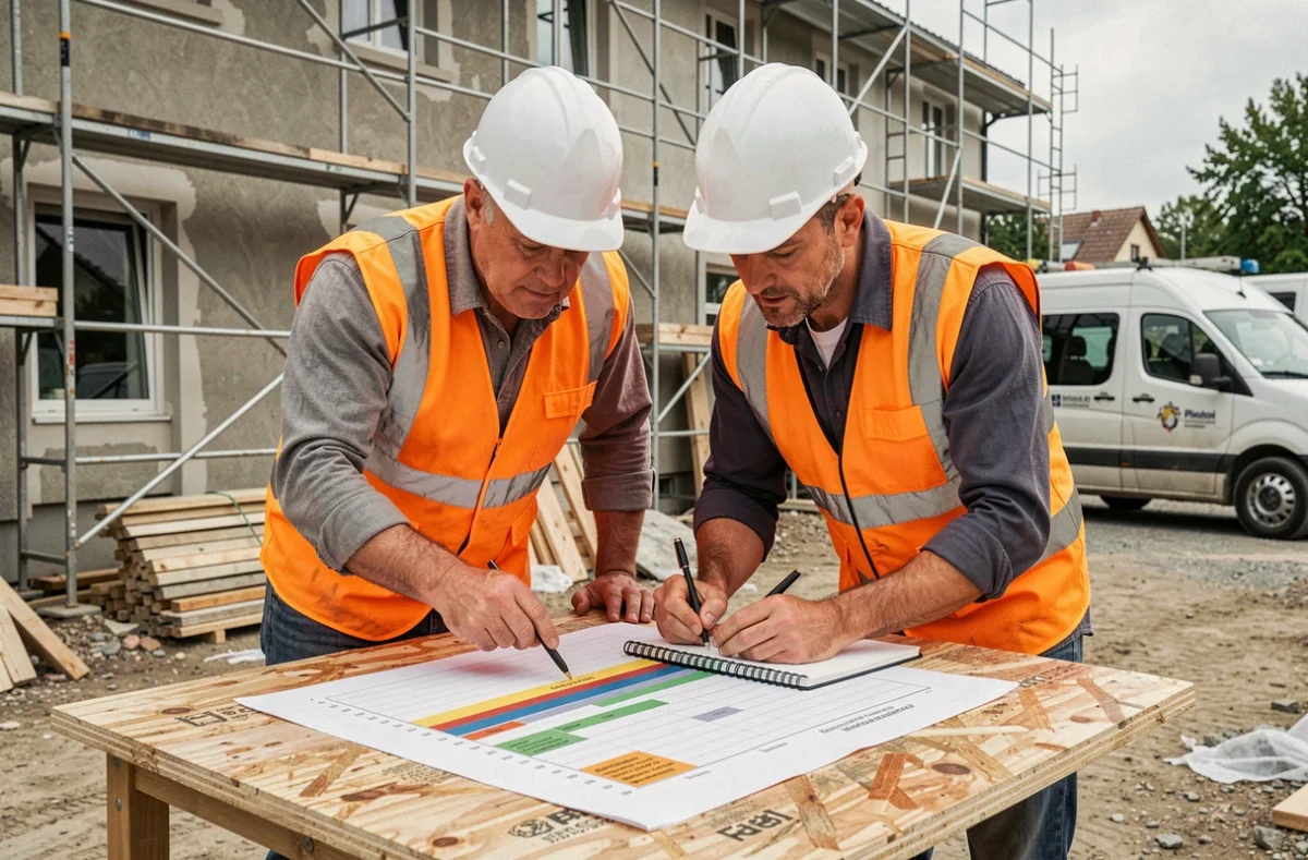Deux artisans du bâtiment consultant un planning Gantt de chantier de rénovation en extérieur