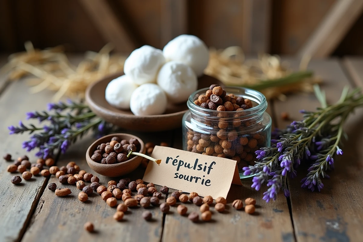 Assortiment de répulsifs naturels contre les rongeurs incluant poivre, lavande et huiles essentielles disposés sur une table en bois