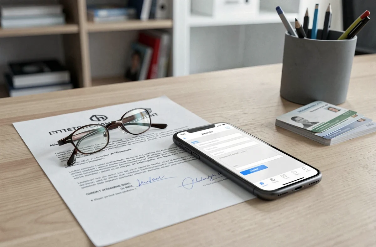 Gros plan sur une attestation d'hébergement imprimée posée à côté d'un smartphone affichant un formulaire administratif en ligne