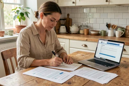 Femme remplissant une attestation d'hébergement papier à une table de cuisine avec un ordinateur portable affichant un formulaire en ligne