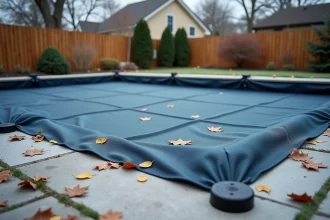 Piscine résidentielle recouverte d'une bâche hivernale sombre dans un jardin en automne avec feuilles mortes sur la terrasse