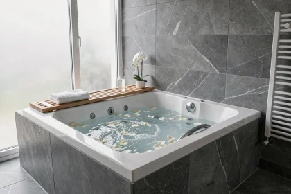 Baignoire rectangulaire balnéo encastrée avec jets et pétales de rose dans une salle de bain épurée aux carreaux en pierre grise