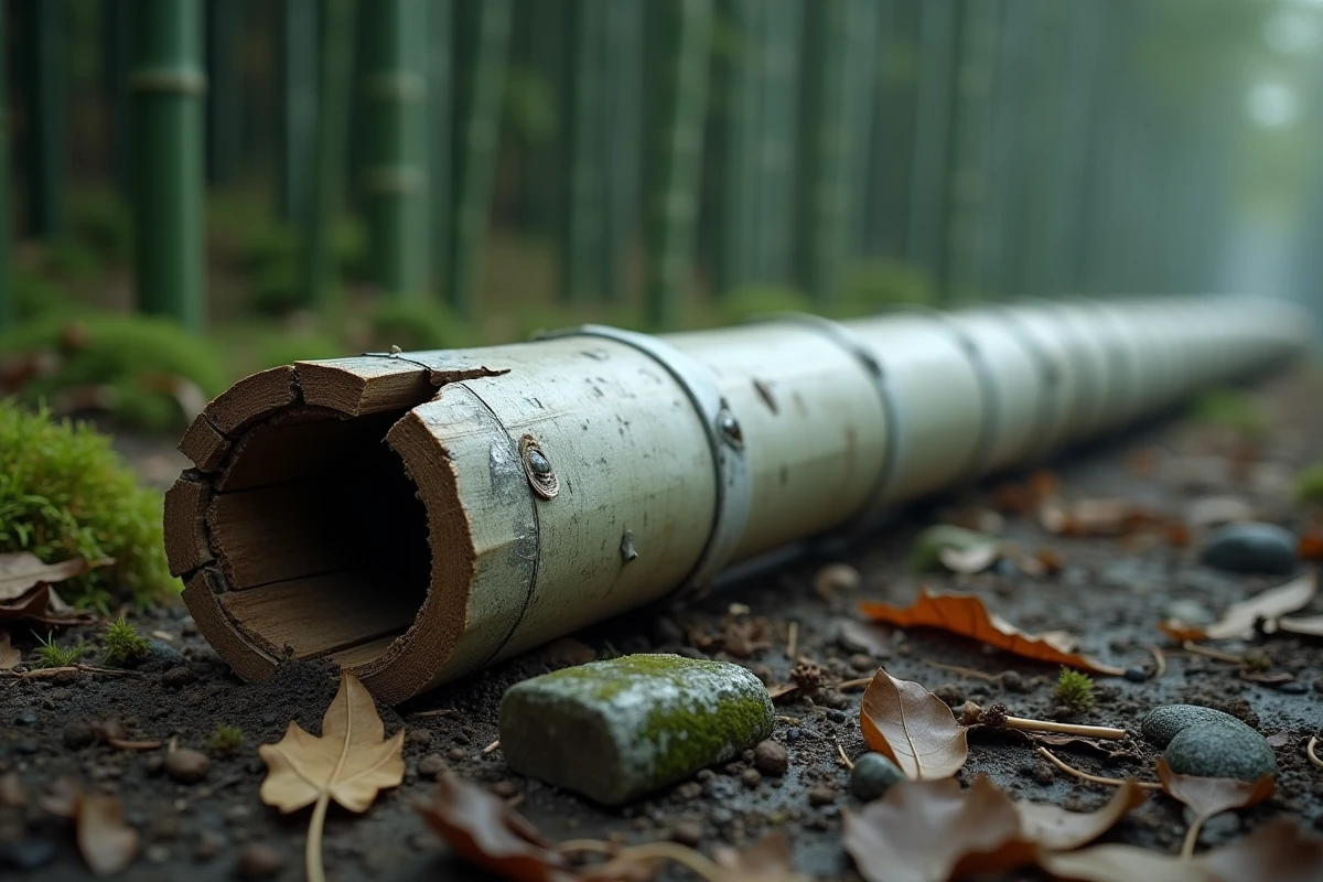 Tige de bambou décomposée au sol dans une forêt humide, blanchie et fendue par les années d'exposition aux intempéries