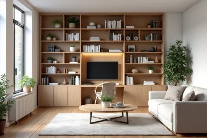 Grande bibliothèque en bois servant de séparation de pièce dans un salon open space au style scandinave