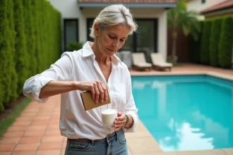 Femme versant du bicarbonate de soude dans un contenant près d'une piscine extérieure