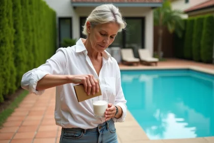 Femme versant du bicarbonate de soude dans un contenant près d'une piscine extérieure