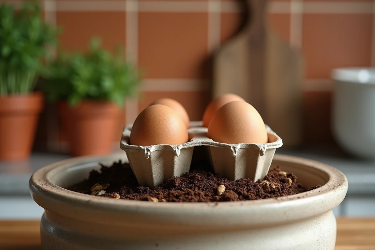 Boîtes d'œufs en carton posées sur des déchets organiques dans un composteur de cuisine
