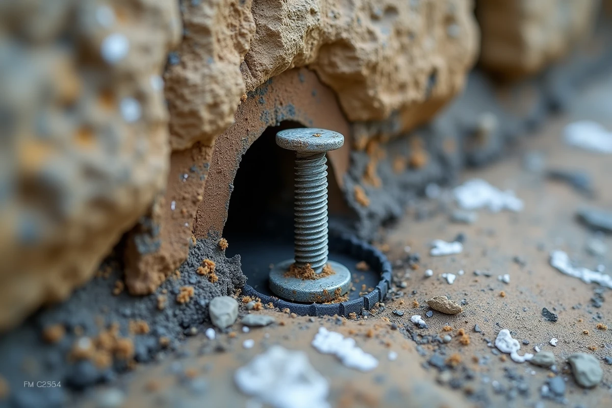 Gros plan sur un boulon d'ancrage scellé au ciment chimique dans une pierre extérieure fissurée par le gel