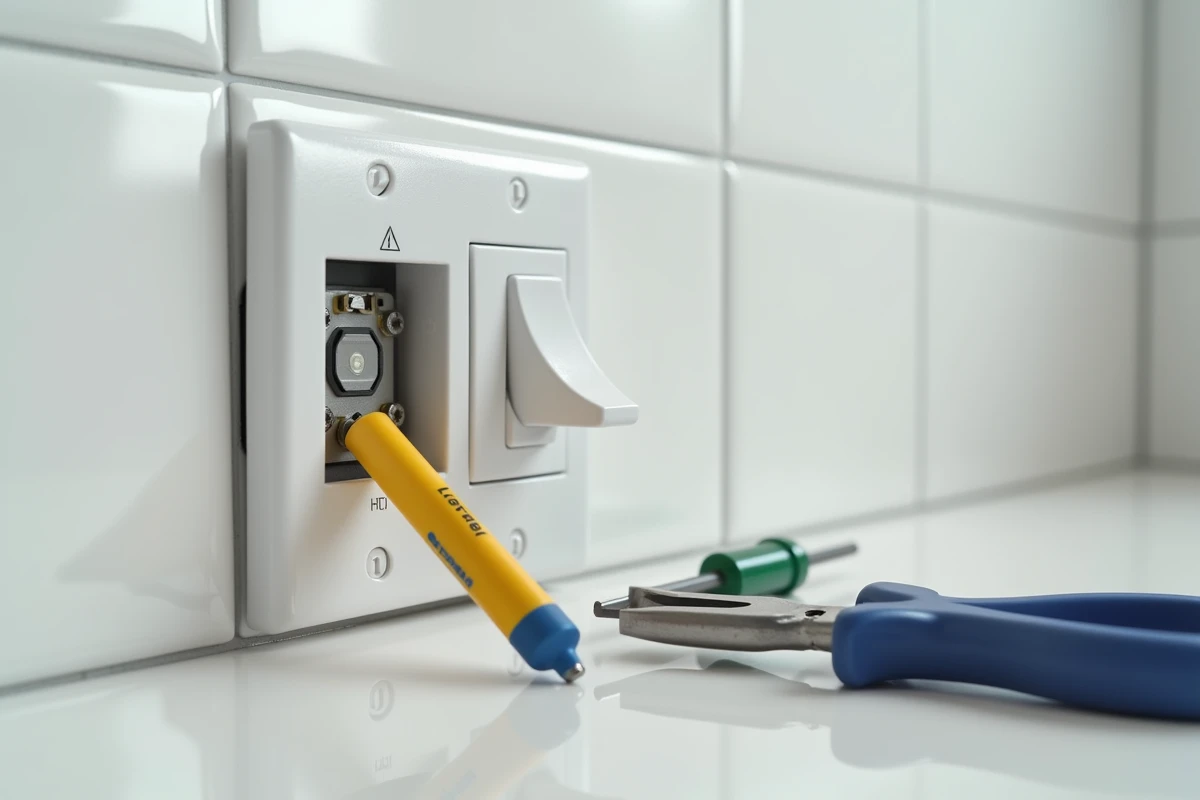 Bouton poussoir Legrand démonté sur un mur avec testeur de tension et outils de branchement électrique posés à côté