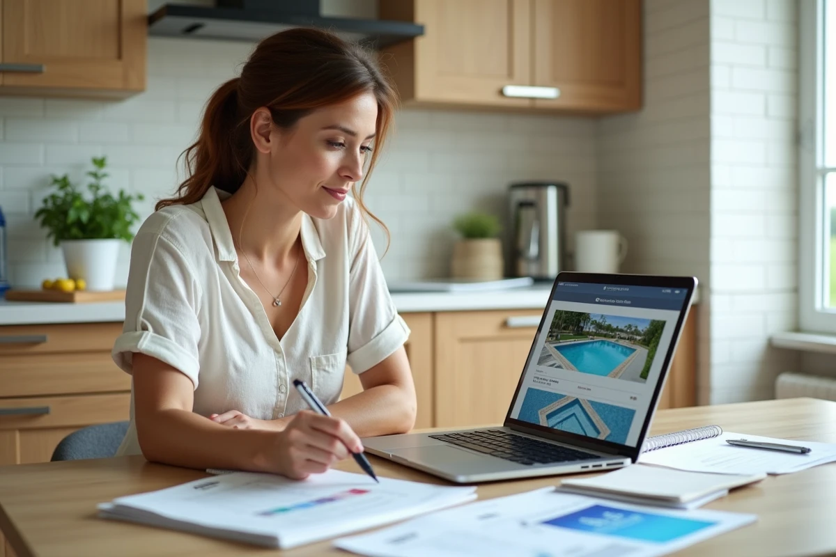 Femme comparant des devis de construction de piscine à la table de sa cuisine avec un ordinateur portable
