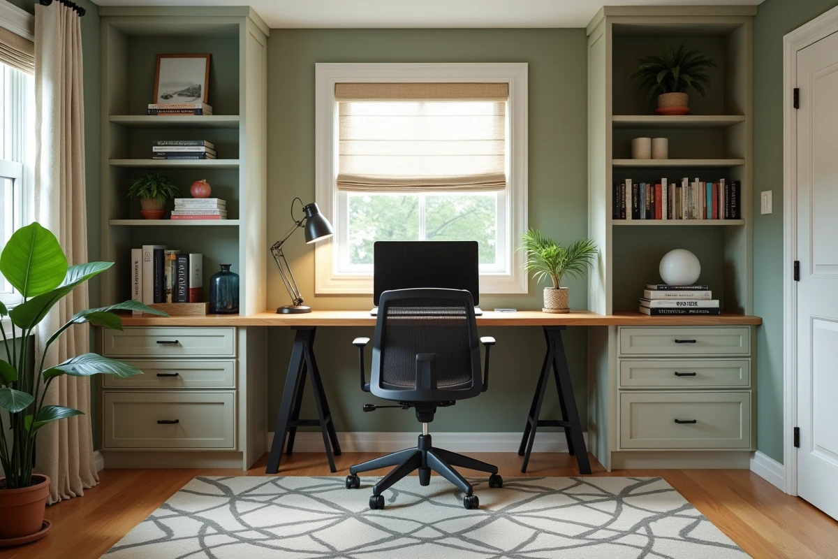 Bureau à domicile aménagé dans un sous-sol avec bibliothèque intégrée et bureau en chêne