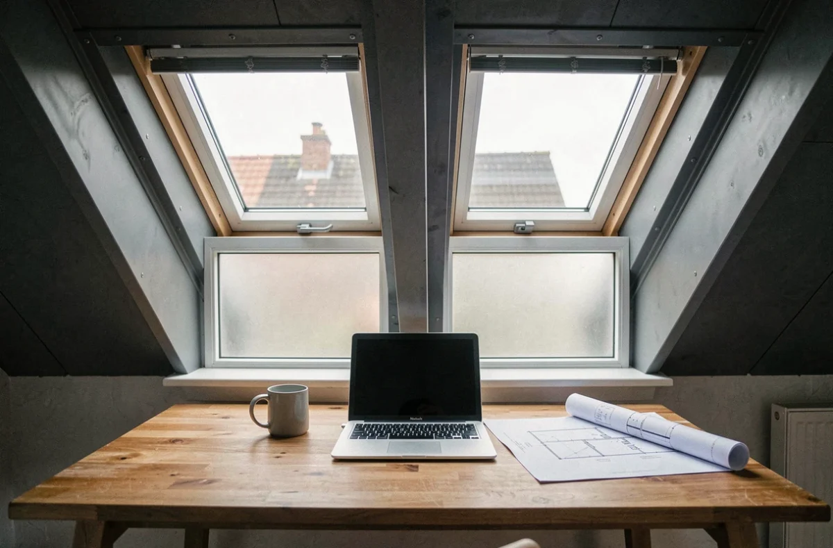 Bureau sous combles avec double fenêtre de toit en zinc gris combinant vitrage transparent et dépoli pour optimiser lumière et intimité