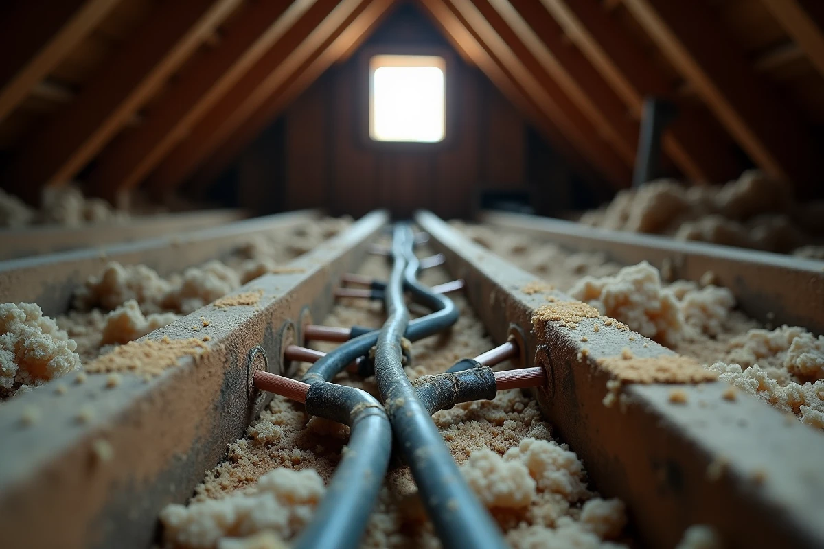 Câblage électrique ancien et détérioré dans les combles d'une maison nécessitant une remise aux normes