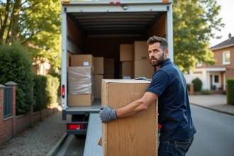 Camion de déménagement grande capacité chargé de meubles et cartons devant une maison pour déménager un appartement de 100m²