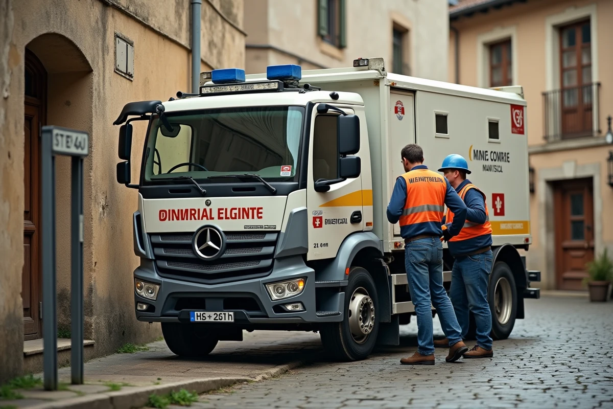 Camion de voirie communale et ouvriers réparant une rue dans un village français