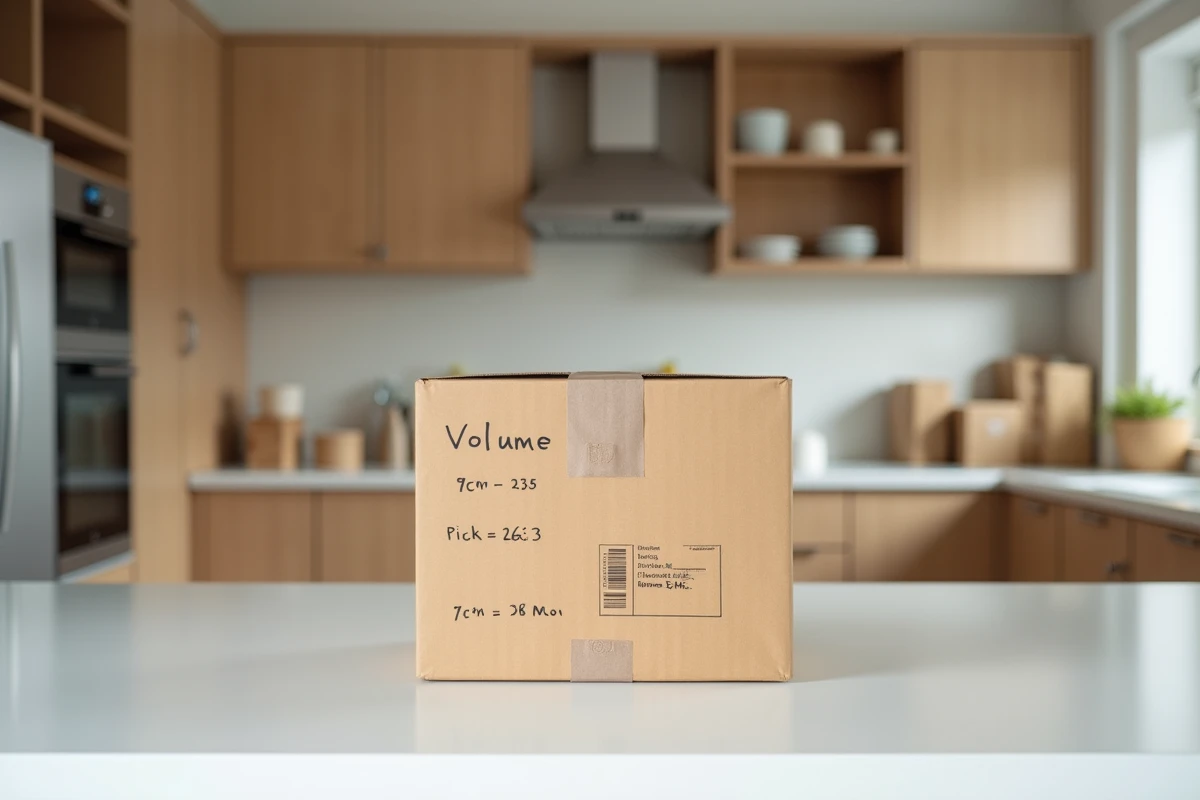 Carton de déménagement fermé avec dimensions inscrites posé sur un comptoir de cuisine