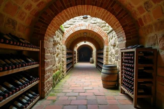 Cave voûtée traditionnelle en pierre avec casiers à vin en bois et barriques dans une cave viticole ancienne