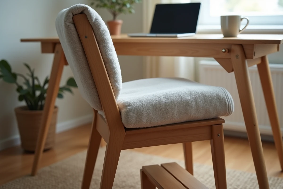 Chaise en bois ordinaire transformée en siège ergonomique avec coussin, soutien lombaire et repose-pieds
