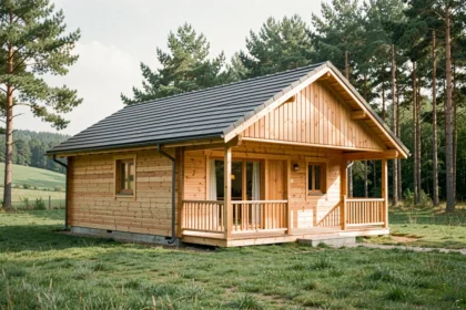 Chalet en bois habitable de 80m2 livré monté dans un cadre rural français avec bardage pin naturel et toiture en ardoise grise
