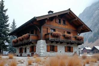 Chalet traditionnel en bois dans une vallée alpine enneigée entouré de sapins
