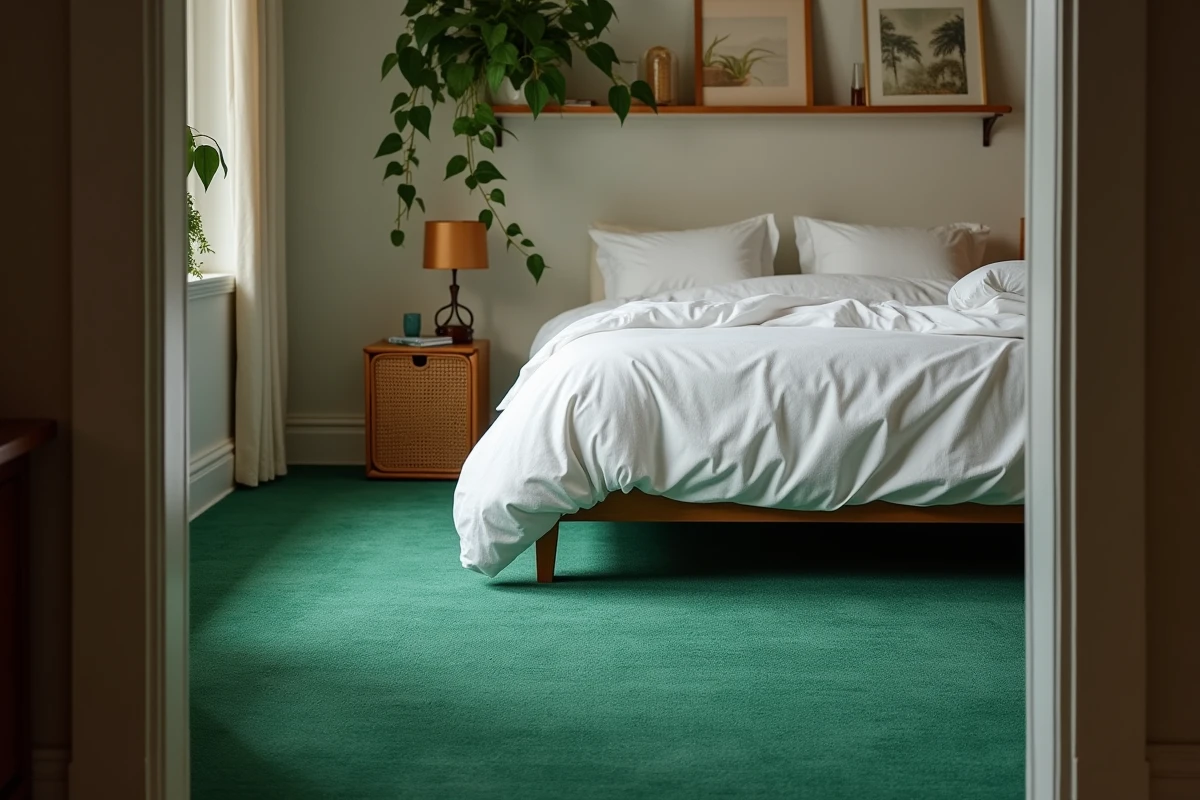 Chambre à coucher confortable avec moquette vert forêt couvrant entièrement le sol, lit plateforme et ambiance cosy et contemporaine