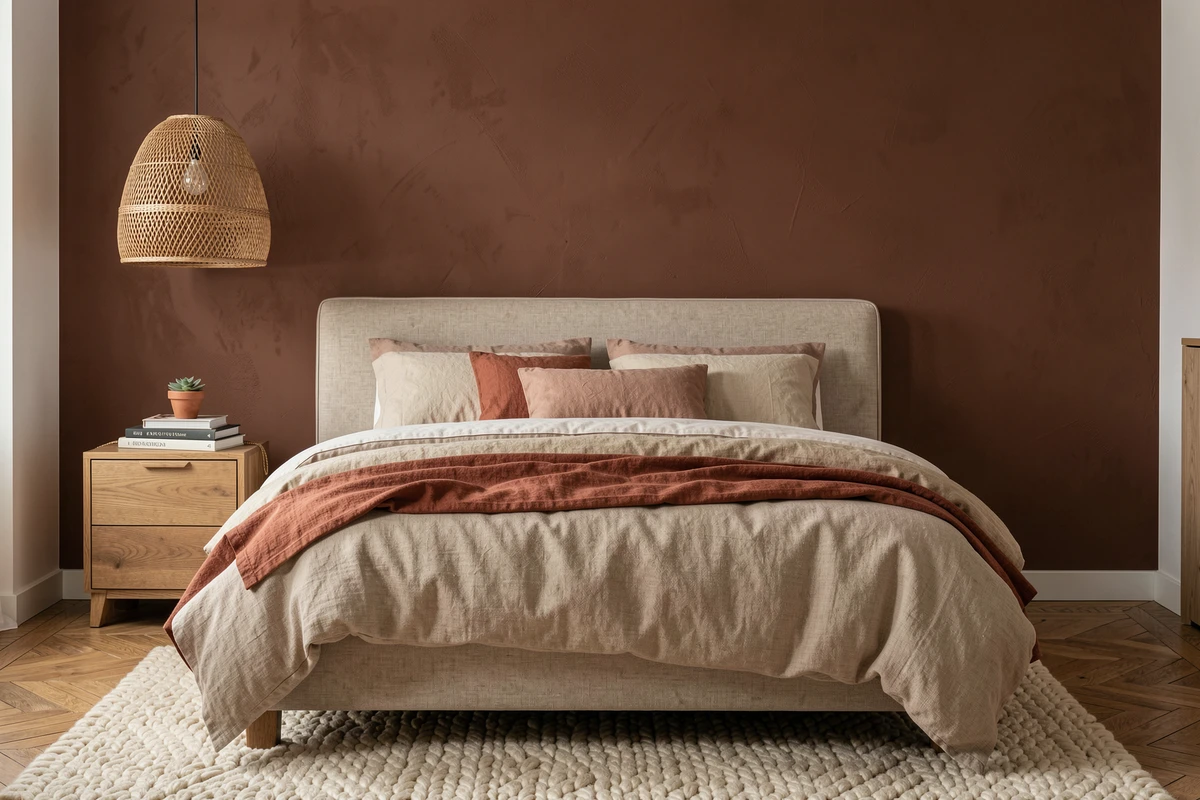 Chambre cocooning avec peinture murale marron profond et literie en tons neutres chauds pour une ambiance chaleureuse