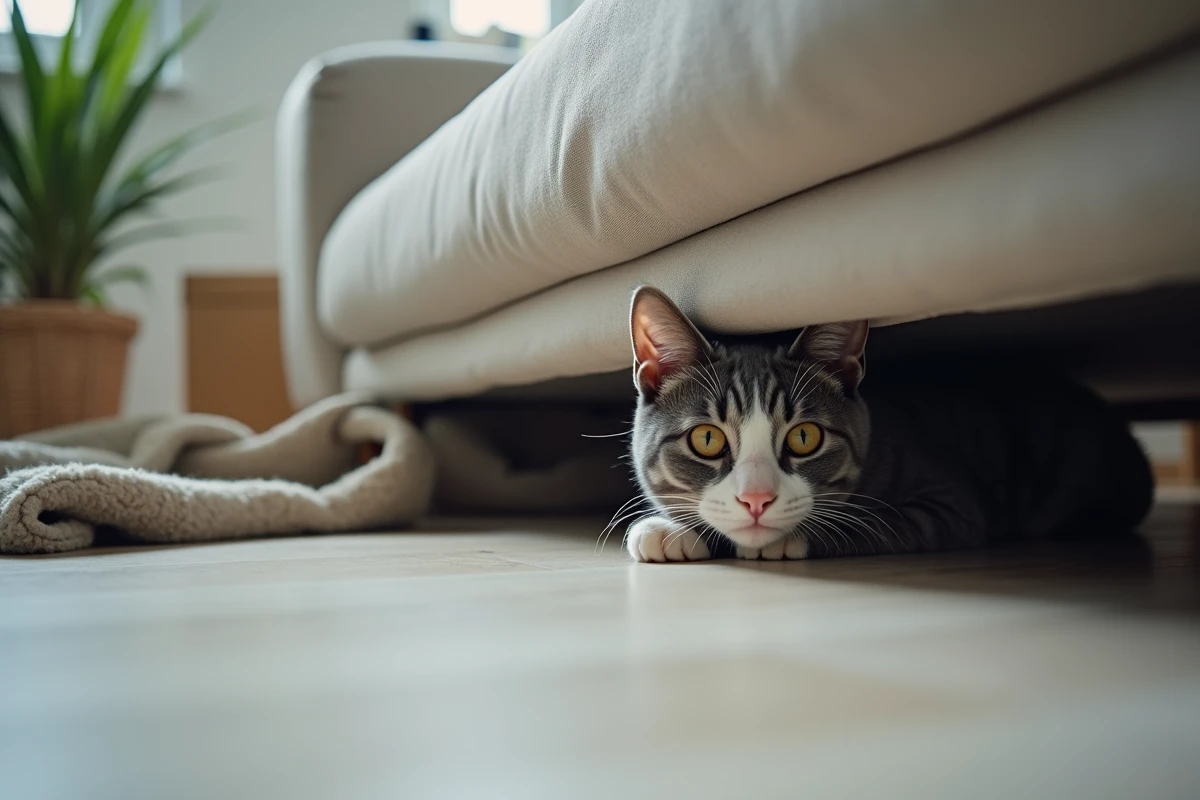 Chat gris caché sous un canapé dans un salon en cours d'installation après un déménagement