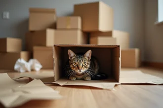 Chat tigré stressé caché dans un carton de déménagement dans un appartement vide