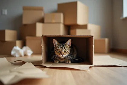 Chat tigré stressé caché dans un carton de déménagement dans un appartement vide