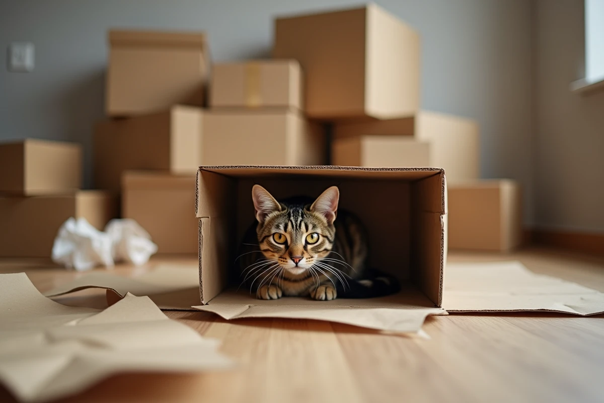 Chat tigré stressé caché dans un carton de déménagement dans un appartement vide
