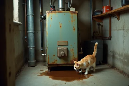Chaudière fioul ancienne avec fuite d'huile sur le sol en béton et un chat domestique s'approchant prudemment de la flaque