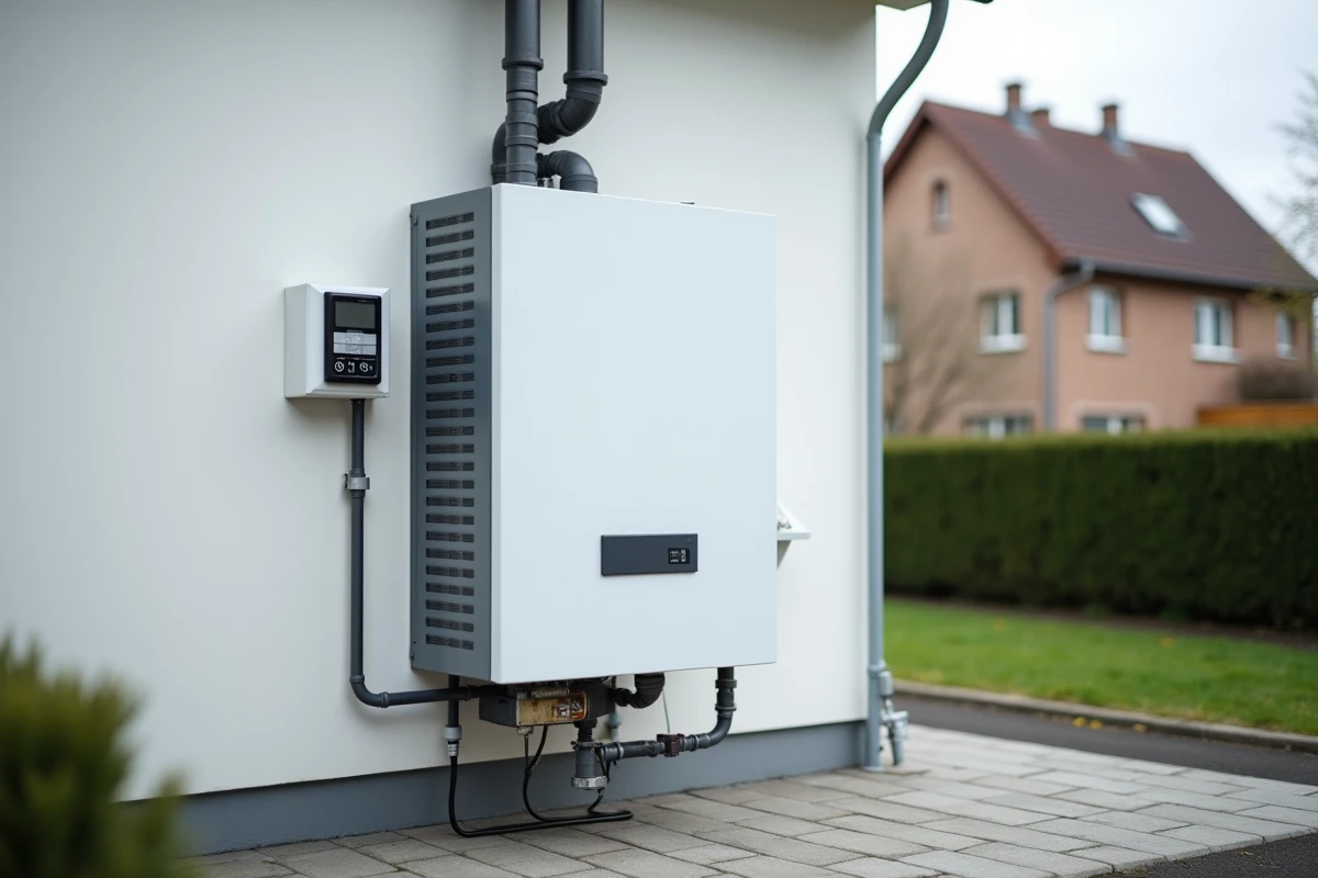 Nouvelle chaudière thermodynamique installée sur la façade extérieure d'une maison individuelle en France