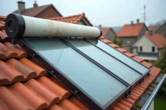 Panneau solaire thermique installé sur un toit résidentiel avec signes de vieillissement, illustrant les inconvénients d'un chauffe-eau solaire