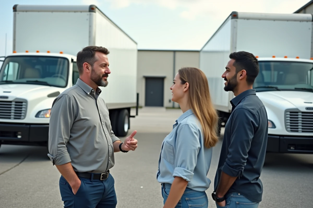 Conseiller de société de déménagement présentant deux camions de tailles différentes à des clients pour choisir le bon véhicule pour 100m²