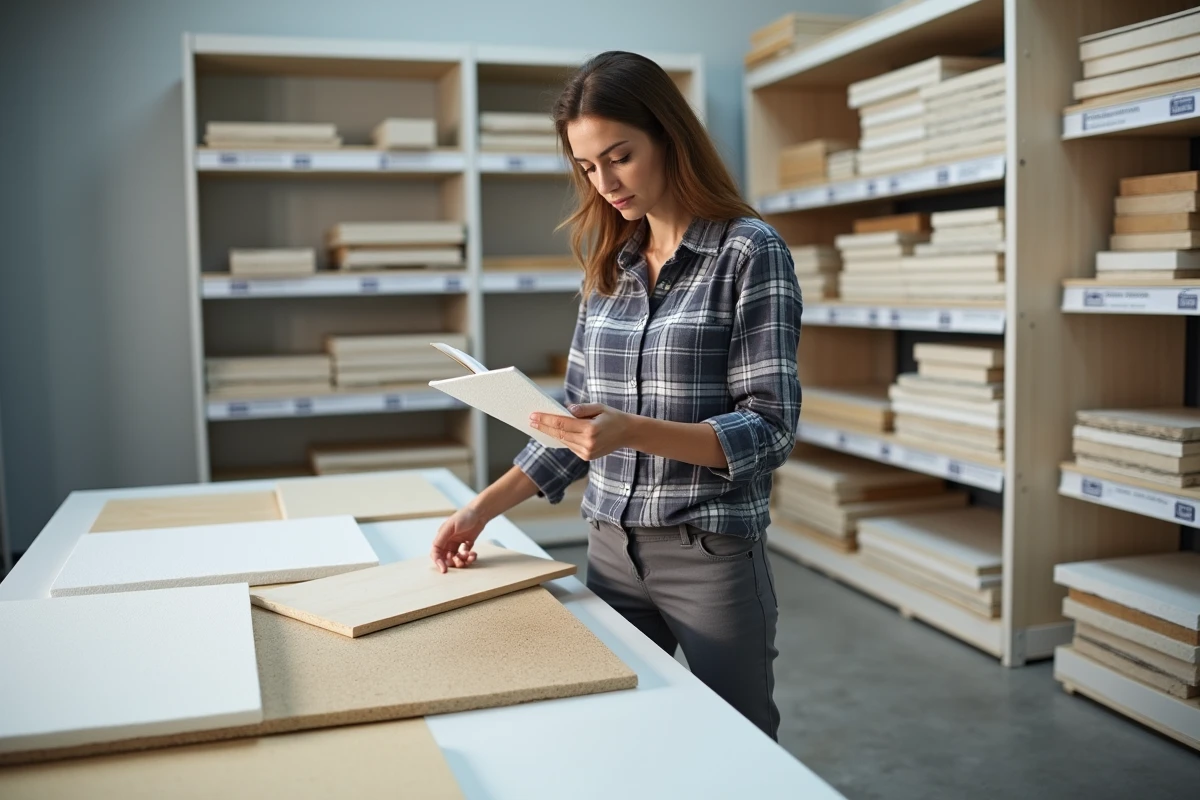 Femme comparant des échantillons de matériaux d'isolation pour murs intérieurs dans un magasin de bricolage