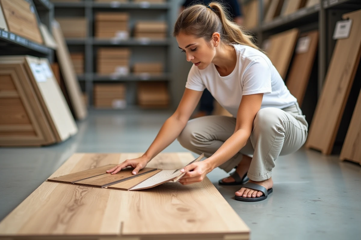 Femme choisissant un revêtement de sol compatible avec un parquet ancien dans un showroom de rénovation