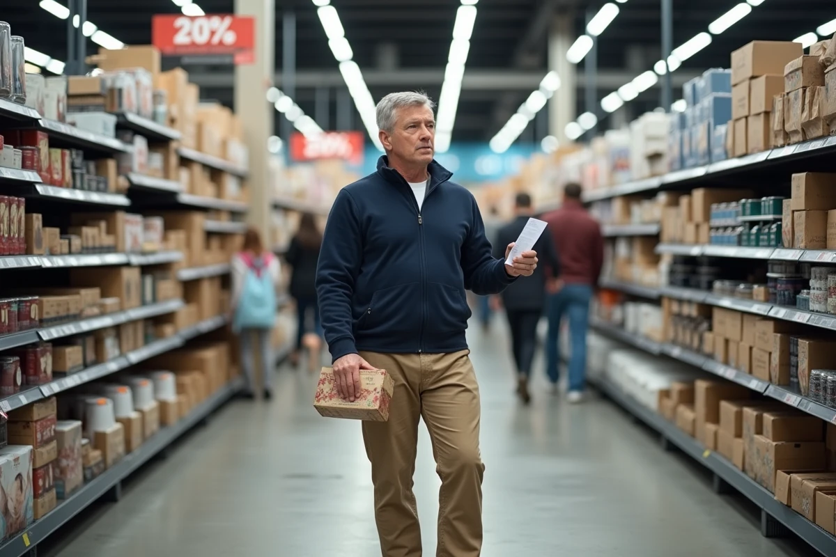 Client masculin tenant un reçu et un article dans le rayon d'un magasin de déstockage type GiFi