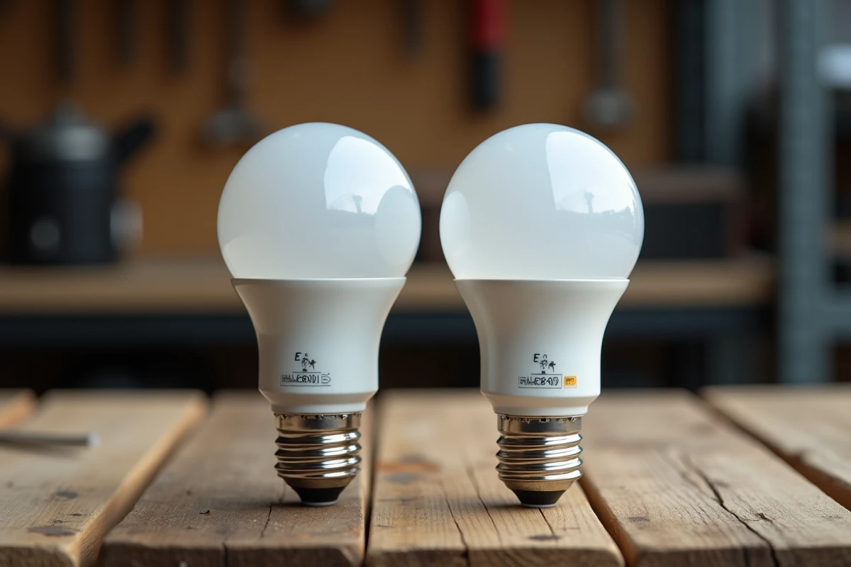 Comparaison entre une ampoule LED pour usage extérieur IP65 et une ampoule LED standard intérieure posées sur un établi en bois